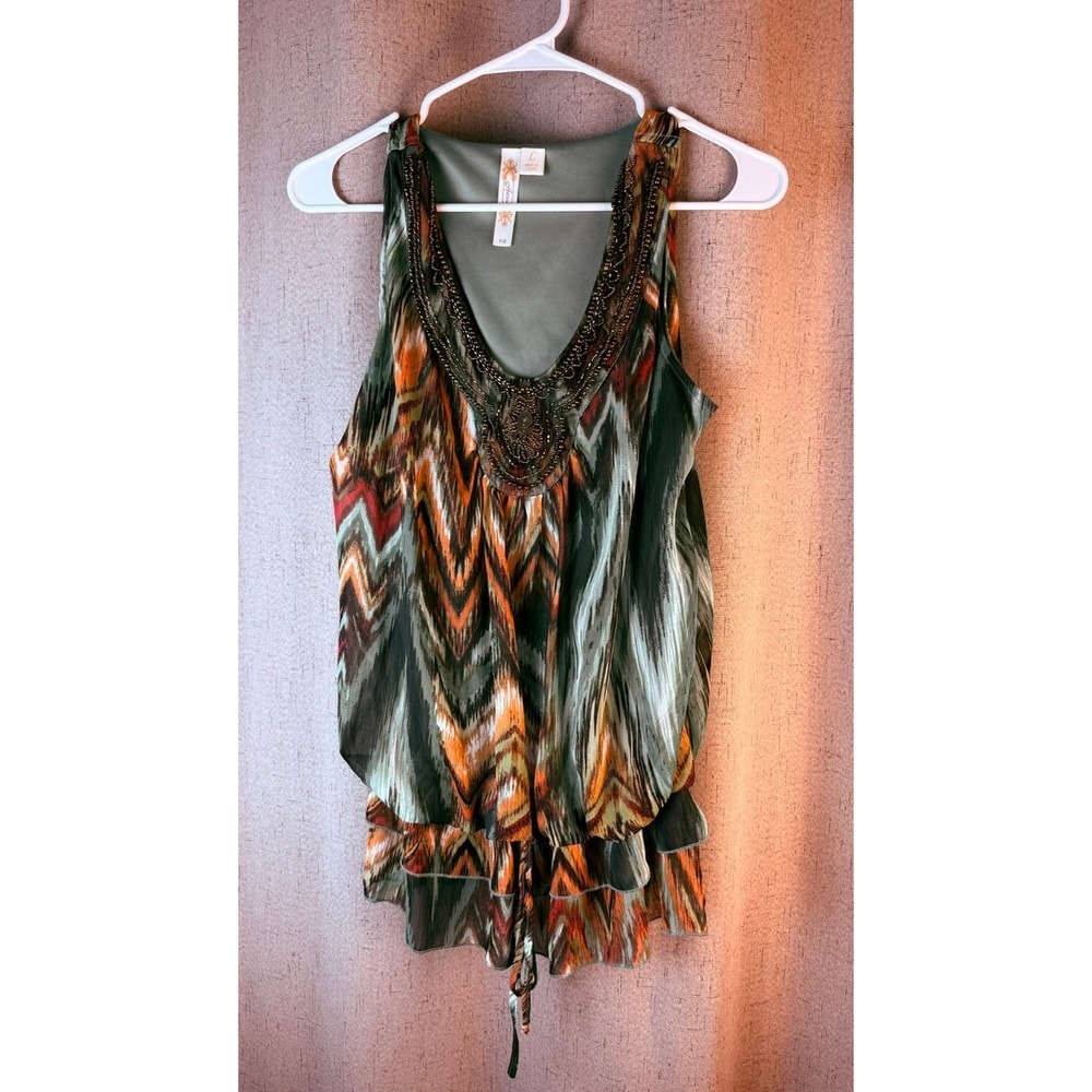 Adiva Tank Top Womens Large Multicolor Excellent Beaded Ikat Chevron Boho Top